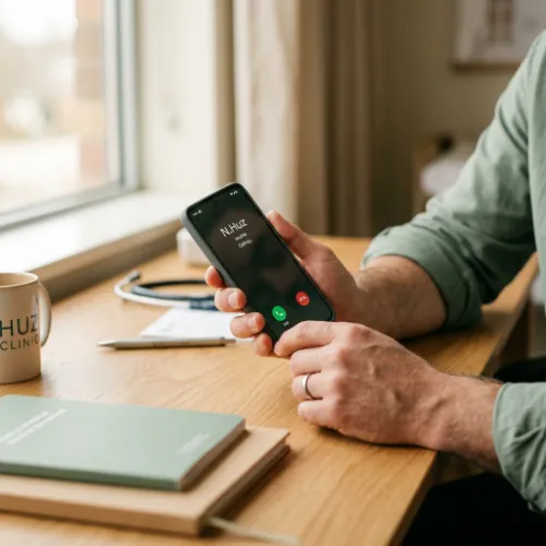 Eine Hand hält ein Smartphone mit einem aktiven Anruf zu ,,N.Huz" über einem Holzschreibtisch mit Notizblock.