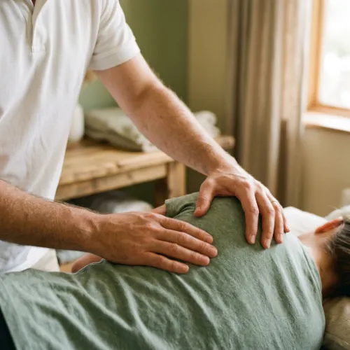 Die Hände eines Therapeuten behandeln den Rücken eines Patienten, der auf einer Liege liegt.