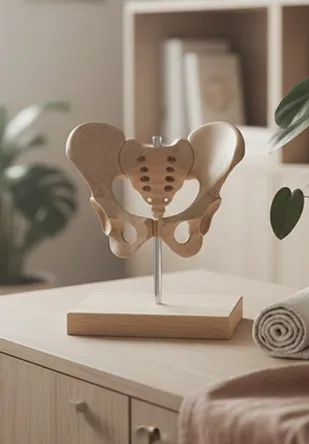 Ein anatomisches Holzmodell des menschlichen Beckens steht auf einem hellen Praxistisch.
