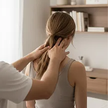 Ein Osteopath behandelt die Schädelbasis und den oberen Nackenbereich einer sitzenden Frau.