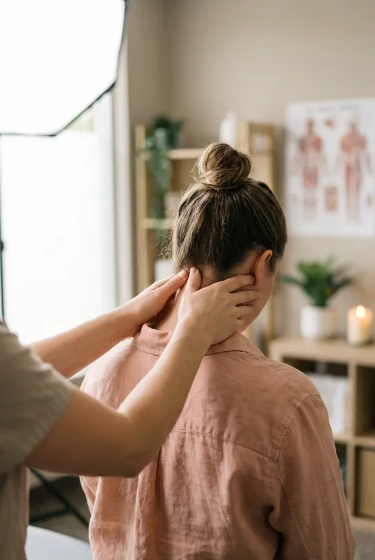 Die Hände eines Osteopathen palpieren und behandeln den Nacken und die Halswirbelsäule einer sitzenden Frau mit Dutt.