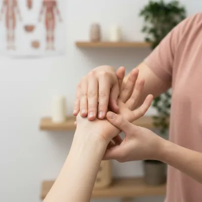 Ein Therapeut mobilisiert die Handwurzelknochen und das Handgelenk einer Patientin mit gezielten Griffen.