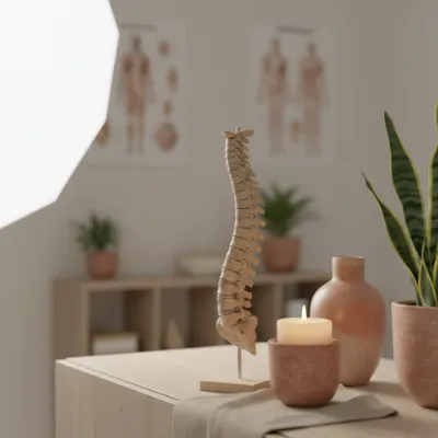 Ein anatomisches Modell einer menschlichen Wirbelsäule steht auf einem Tisch in einem Behandlungsraum neben einer brennenden Kerze.