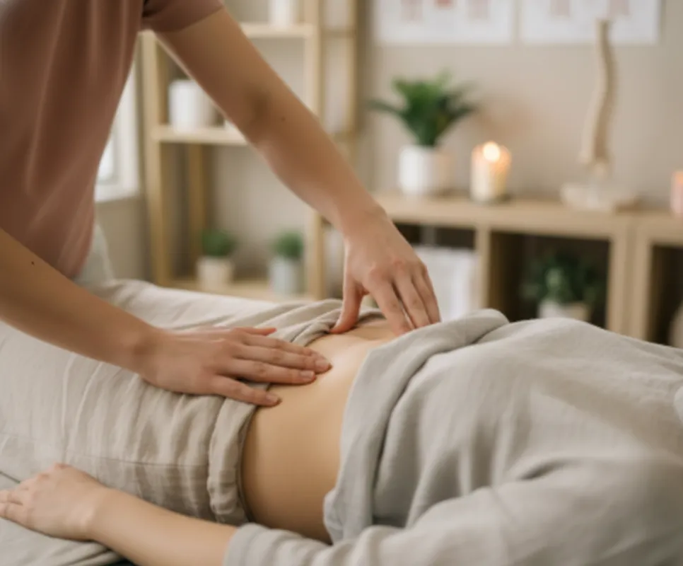 Die Hände eines Therapeuten palpieren sanft und tief den Bauchraum eines auf dem Rücken liegenden Patienten.