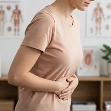 Eine Frau im Profil hält sich mit schmerzverzerrtem Blick den Bauch.