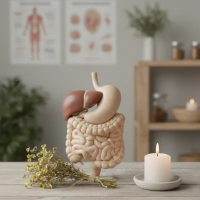 Ein anatomisches Modell der Bauchorgane (Magen, Leber, Darm) steht neben einer brennenden Kerze auf einem Tisch.