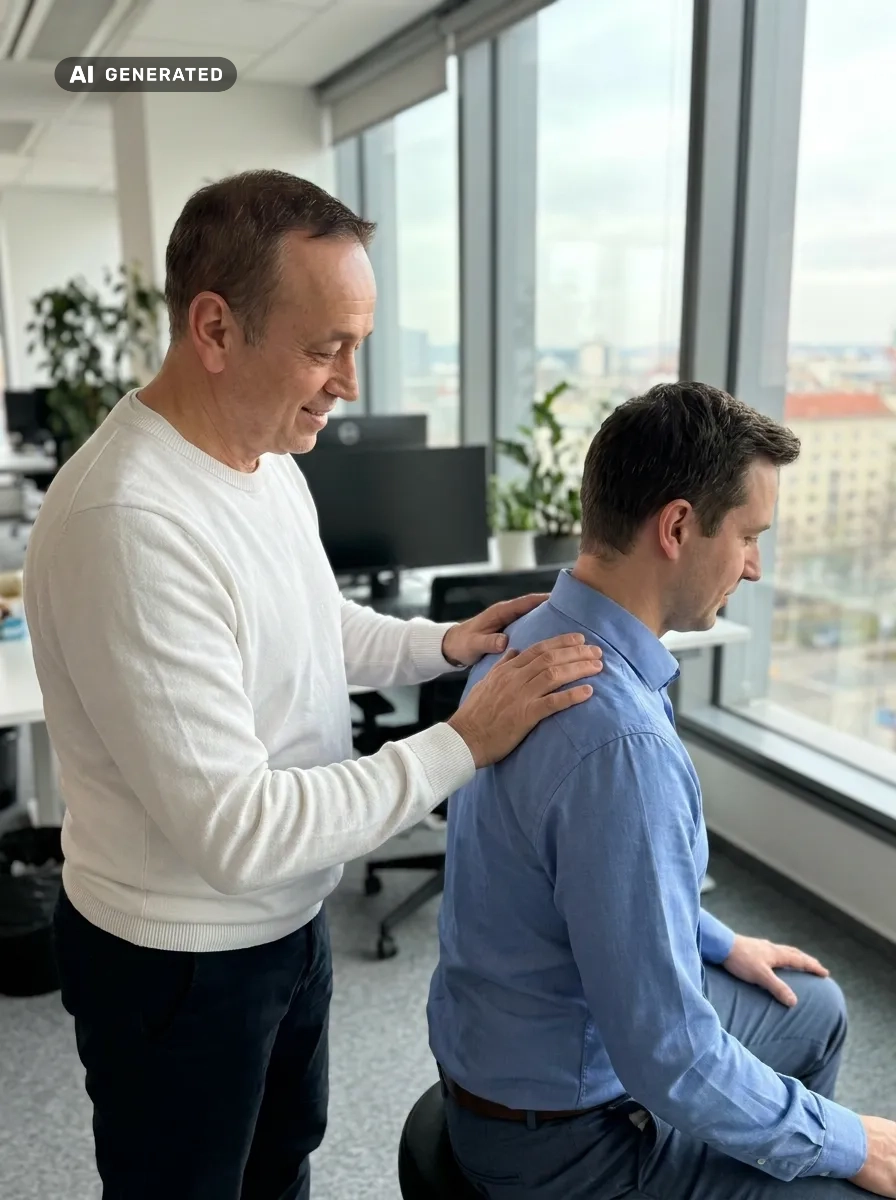 Ki-generiertes Bild - Der Heilpraktiker N. Huz führt einen Betrieblichen Osteopathie-Check-Up vor Ort im Unternehmen an einem Patienten durch.