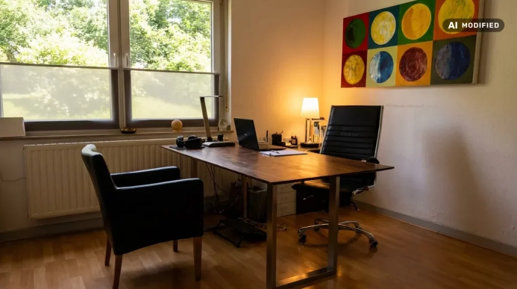 Mit KI bearbeitetes Bild zeigt: Behandlungs-und Beratungszimmer der Naturheilpraxis Huz