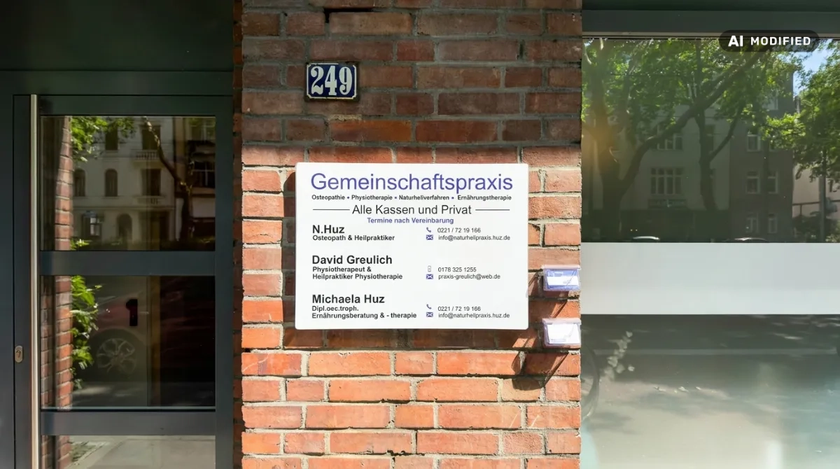 Mit KI bearbeitetes Bild zeigt: Praxisschild der Naturheilpraxis Huz am Eingang