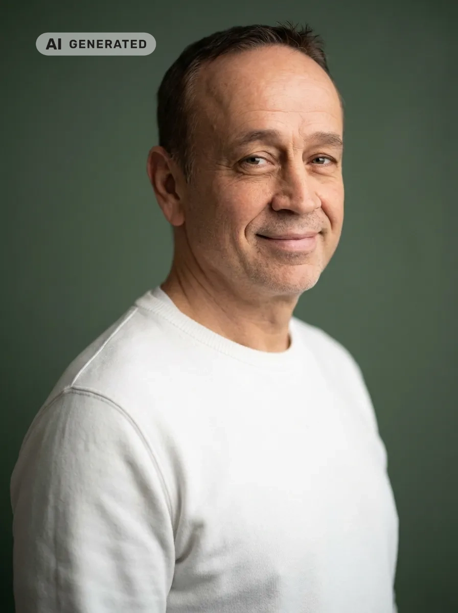 KI-generiertes (auf Basis eines Originalfotos) seitliches Portrait von N. Huz vor einem grünen Hintergrund