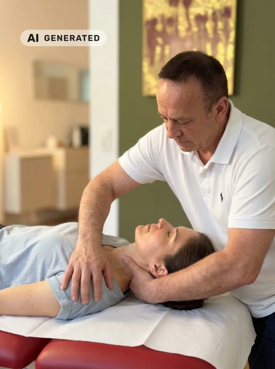 KI-generiertes (auf Basis eines Originalfotos) Foto von Heilpraktiker N. Huz im weißen Poloshirt behandelt den Nacken und Schulterbereich einer auf dem Rücken liegenden Patientin.