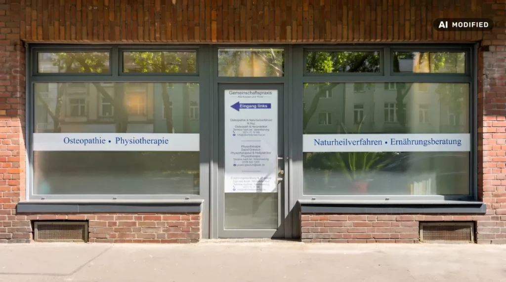 Mit KI bearbeitetes Bild zeigt: Außenansicht der Naturheilpraxis N. Huz an der Luxemburger Straße in Köln