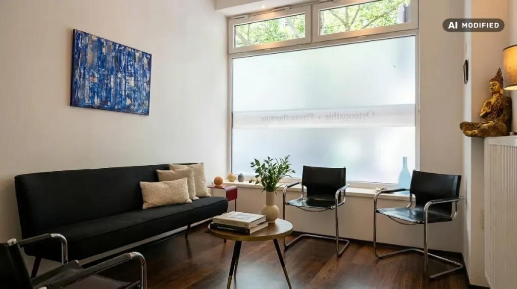 Mit KI bearbeitetes Bild zeigt: Wartezimmer der Naturheilpraxis Huz